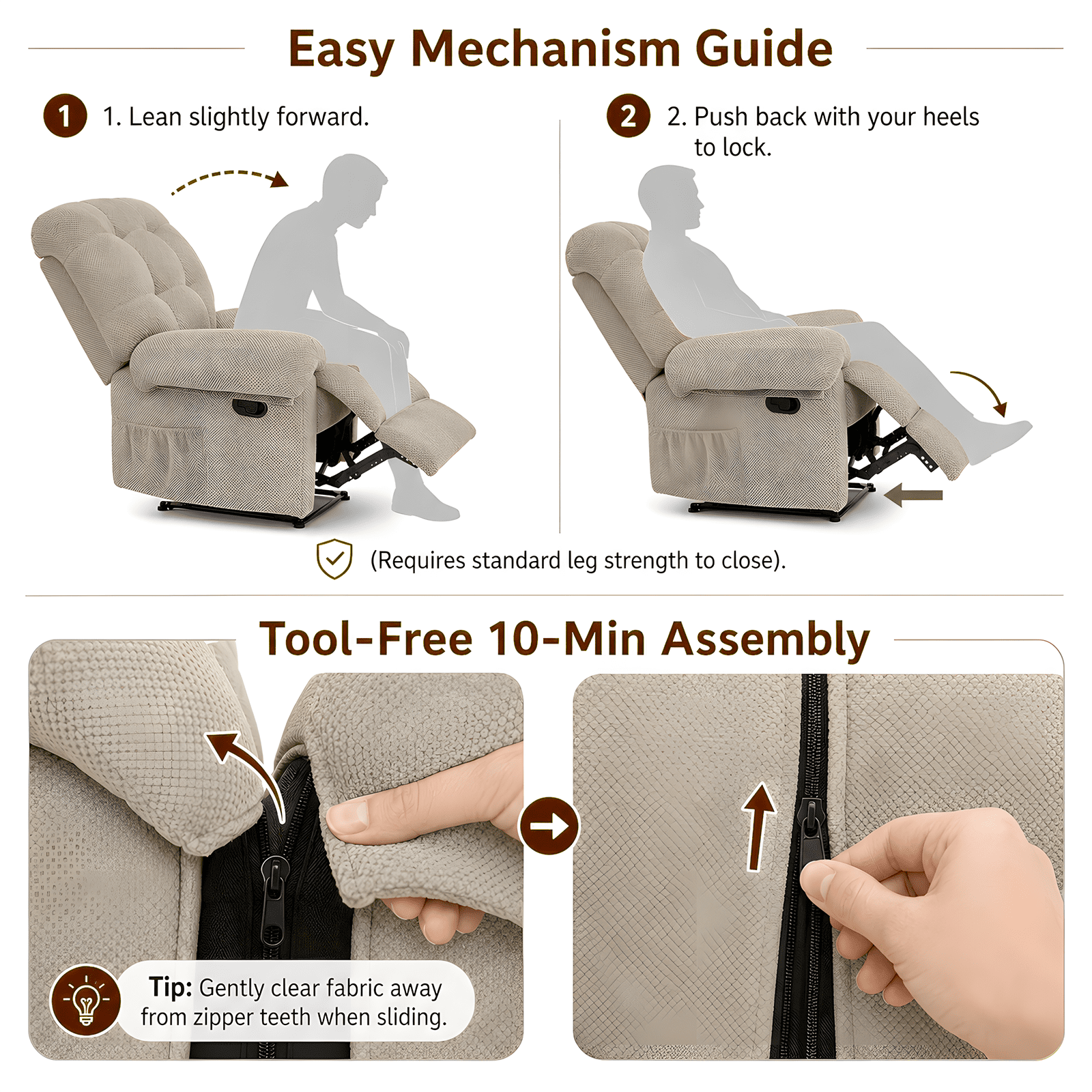 36'' W Camel Comfy Manual Rocking Recliner Chair, Ergonomic Pain Relief w/Pockets, Reading Napping Small Apt Bedroom Living Room, Gift for Mom Dad