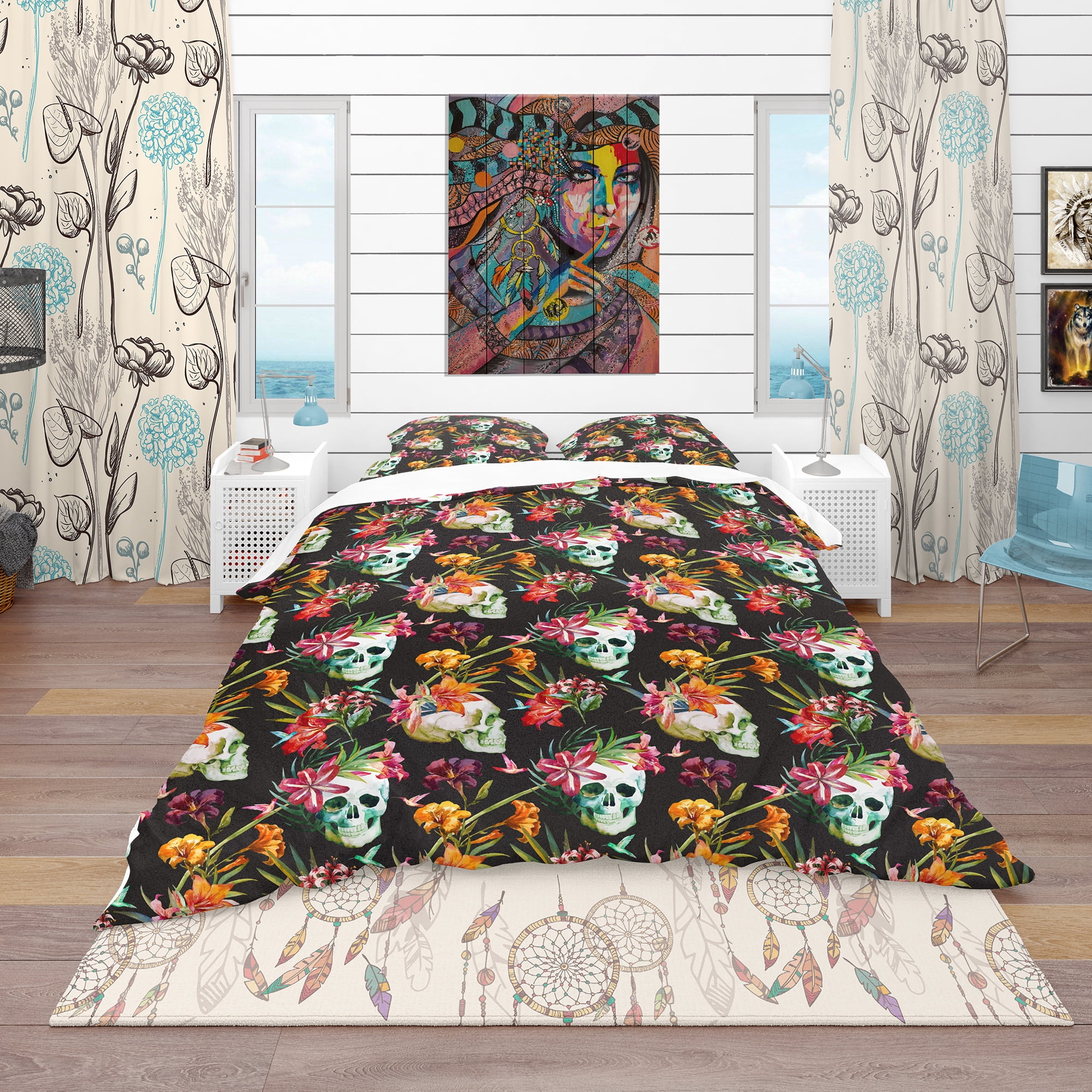 Designart 'Skull and Flowers' Bohemian & Eclectic Duvet Cover Set