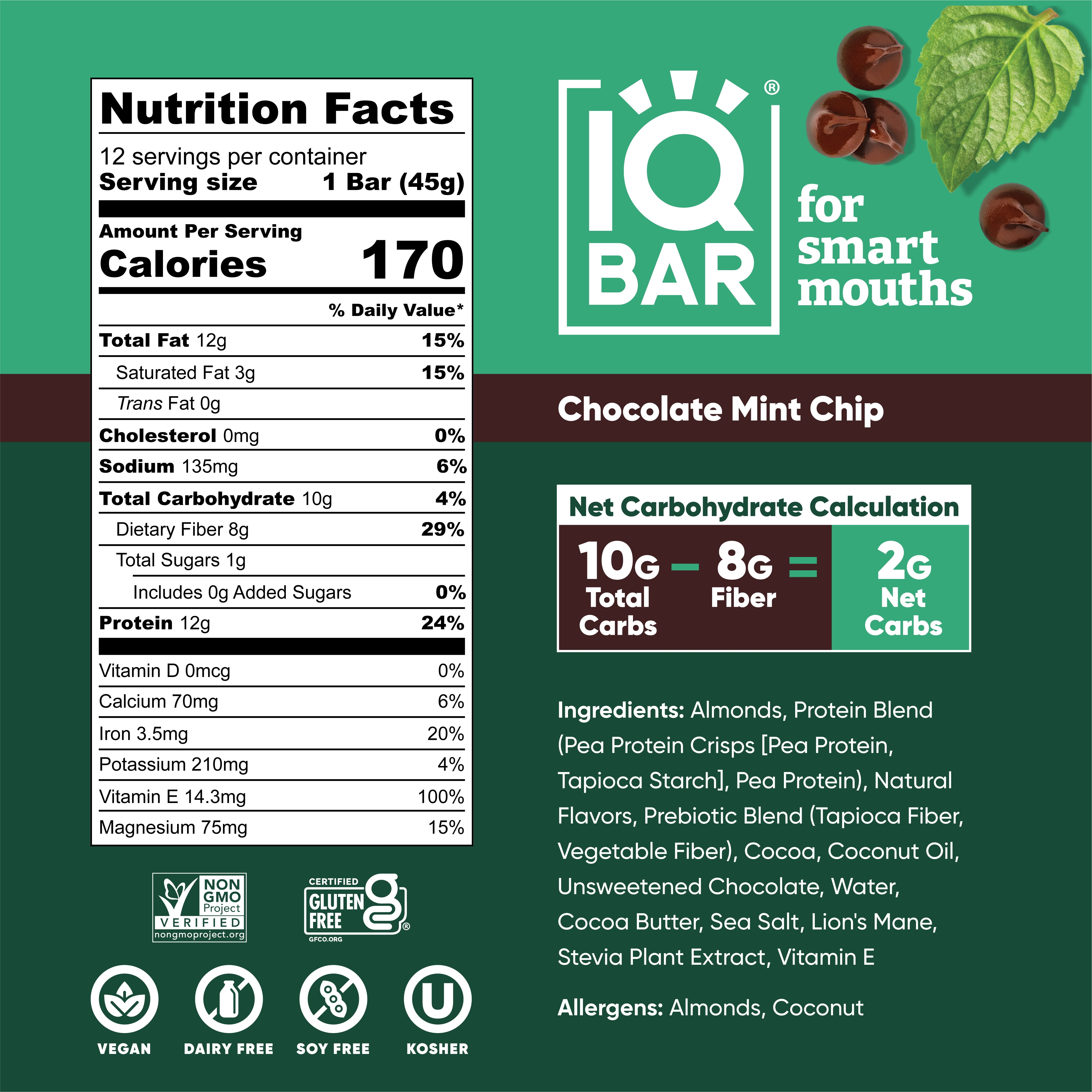 IQBAR Clean Plant Protein Bars - Chocolate Mint Chip - 12 Count - Keto, Vegan, High Fiber, Gluten and Dairy Free, Low Sugar Snack