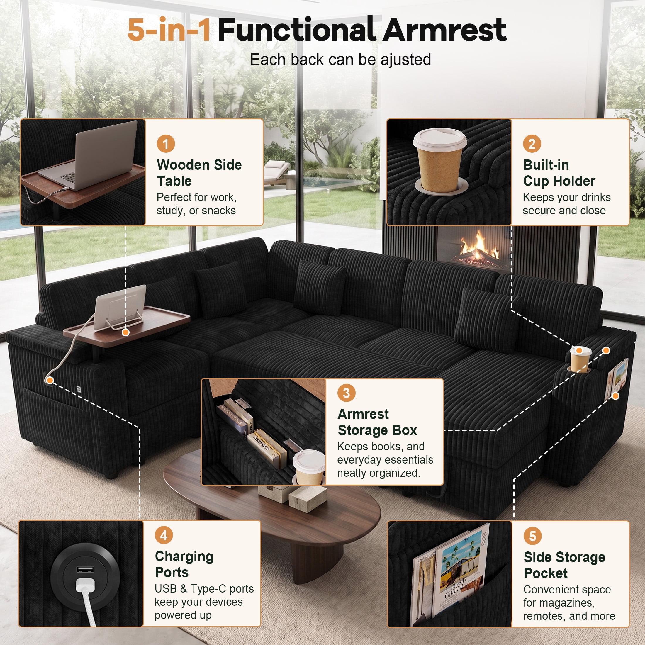 Aenkyo 7-Seat Corduroy U-Shaped Sectional Sleeper Sofa Bed with Storage Chaise and USB Charging, Black