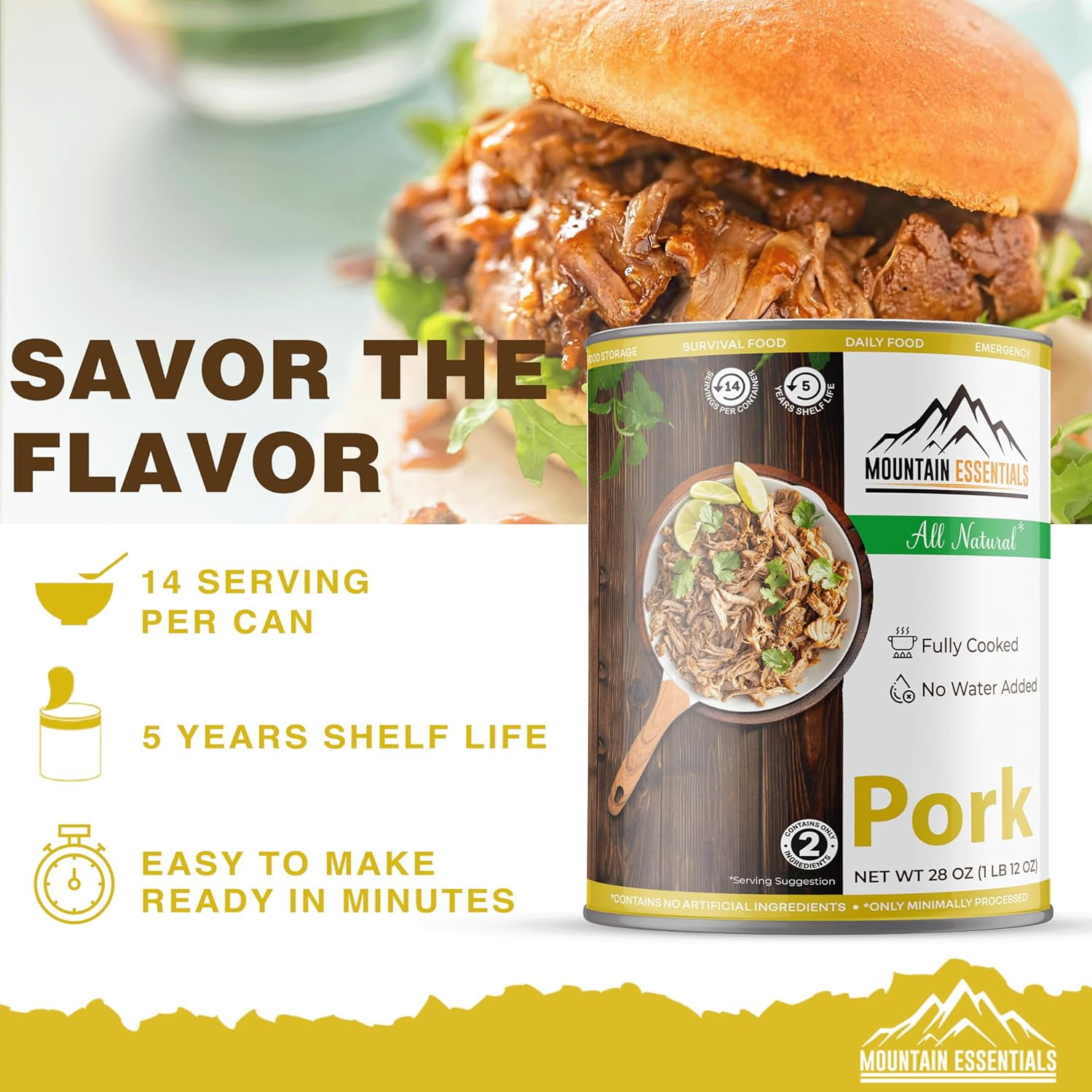 Mountain Essentials All Natural Canned Pork 28 oz, Fully Cooked Ready to Eat, Premium Meat for Emergency Survival, Camping, Food Storage, pack of 6
