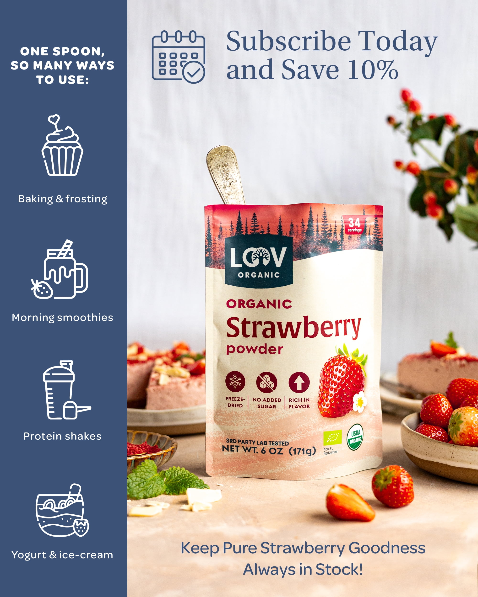 LOOV Organic Strawberry Powder, 171 g (6 oz), Freeze-Dried, No Added Sugar