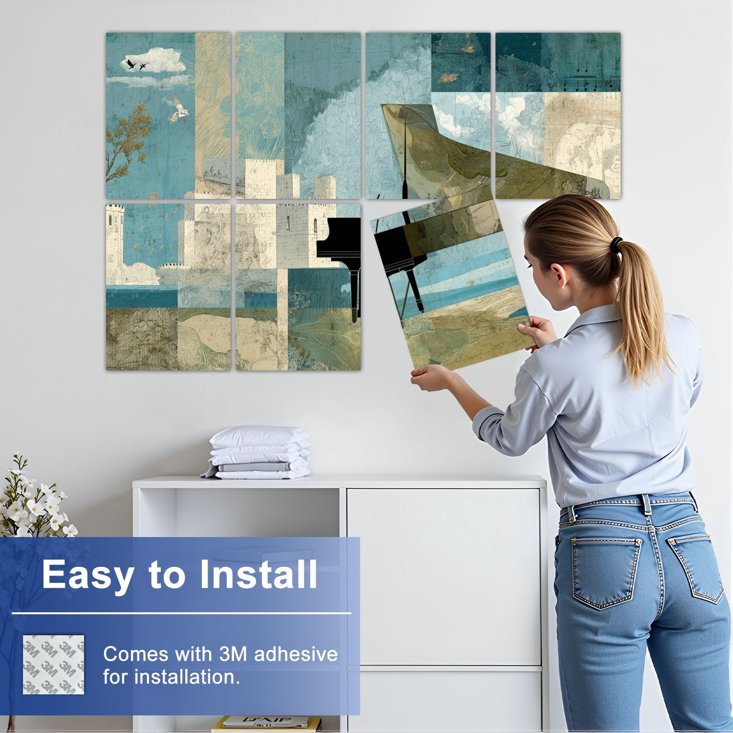 8 Pack Art Acoustic Panels Sound Absorbing Abstract Artwork Country Rustic Grand Piano European style Buildings Decorative Soundproof Wall Panels Self Adhesive for Nursery Game Room Bedroom 48"x32"