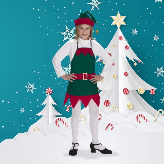 The Costume Center Green and Red Christmas Elf Apron and Hat – Child Size S/M