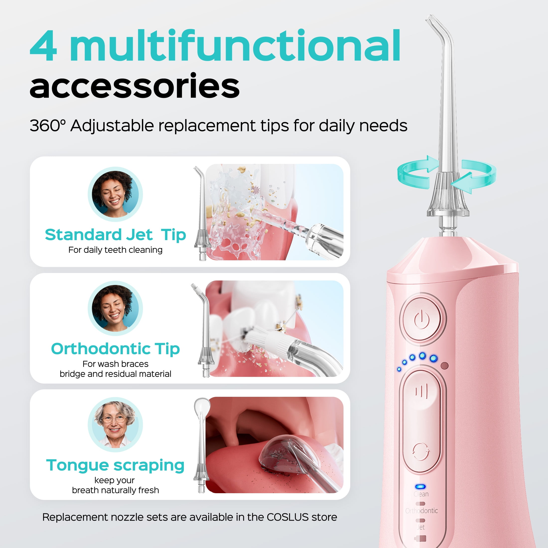 COSLUS CX51 Portable Water Flosser for Teeth,3 Modes 6 Intensity Professional Electric Water Dental Pick for Sensitive Gums, Braces for Travel Home Pink