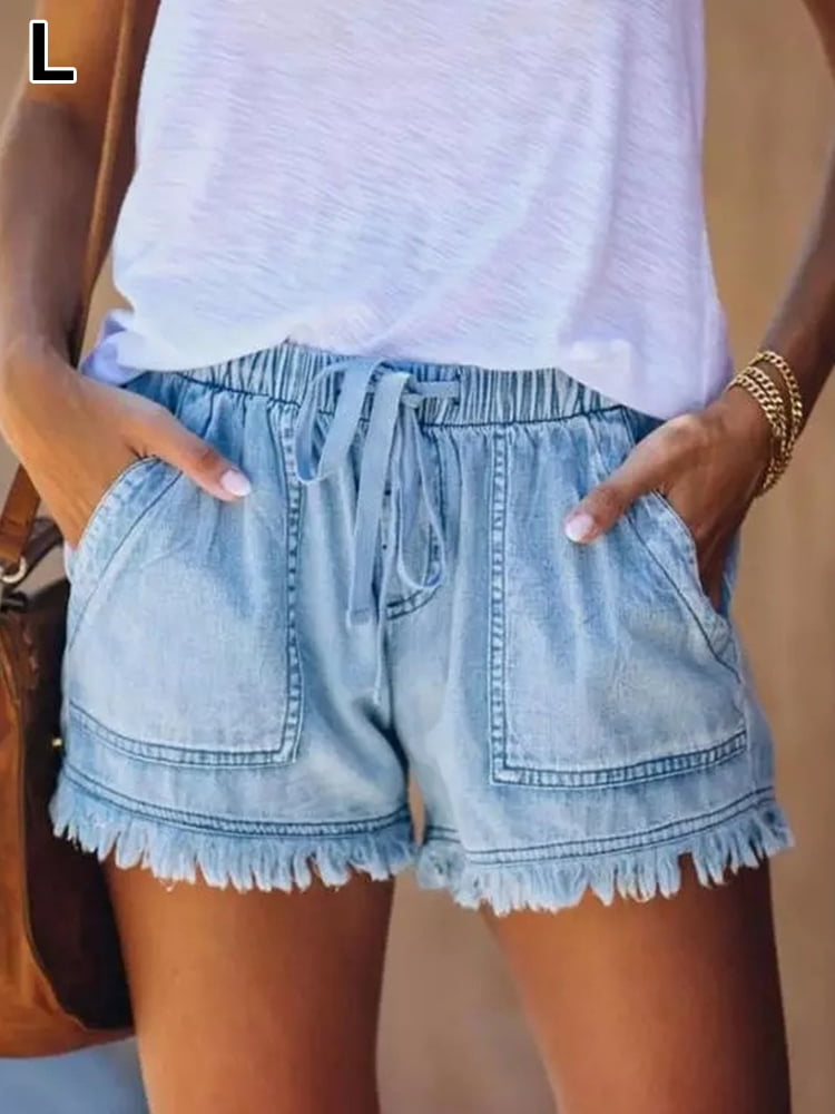 high waisted elastic denim shorts