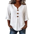 thumbnail image 3 of Women Casual Cotton Linen V Neck 3/4 Sleeve Button Decor Loose Fit Summer Blouse Top, 3 of 9