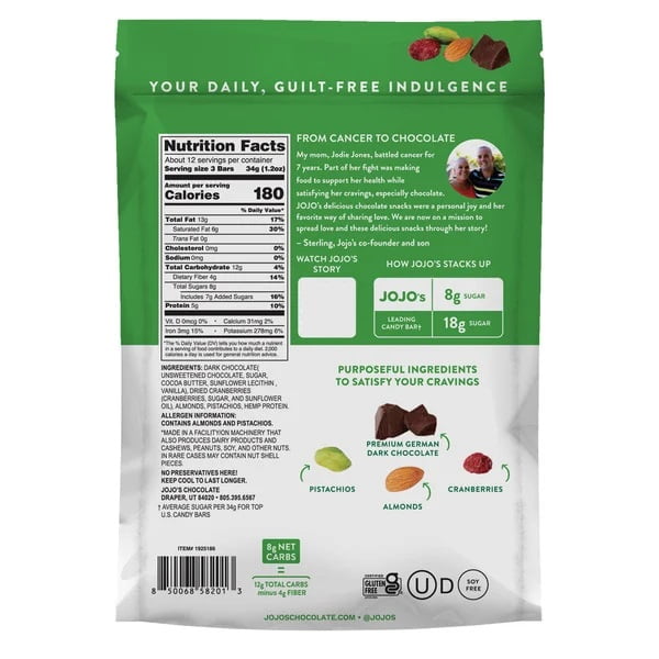 Jojo's Dark Chocolate Pistachio Almond Cranberry Bites, 14.4 Ounce