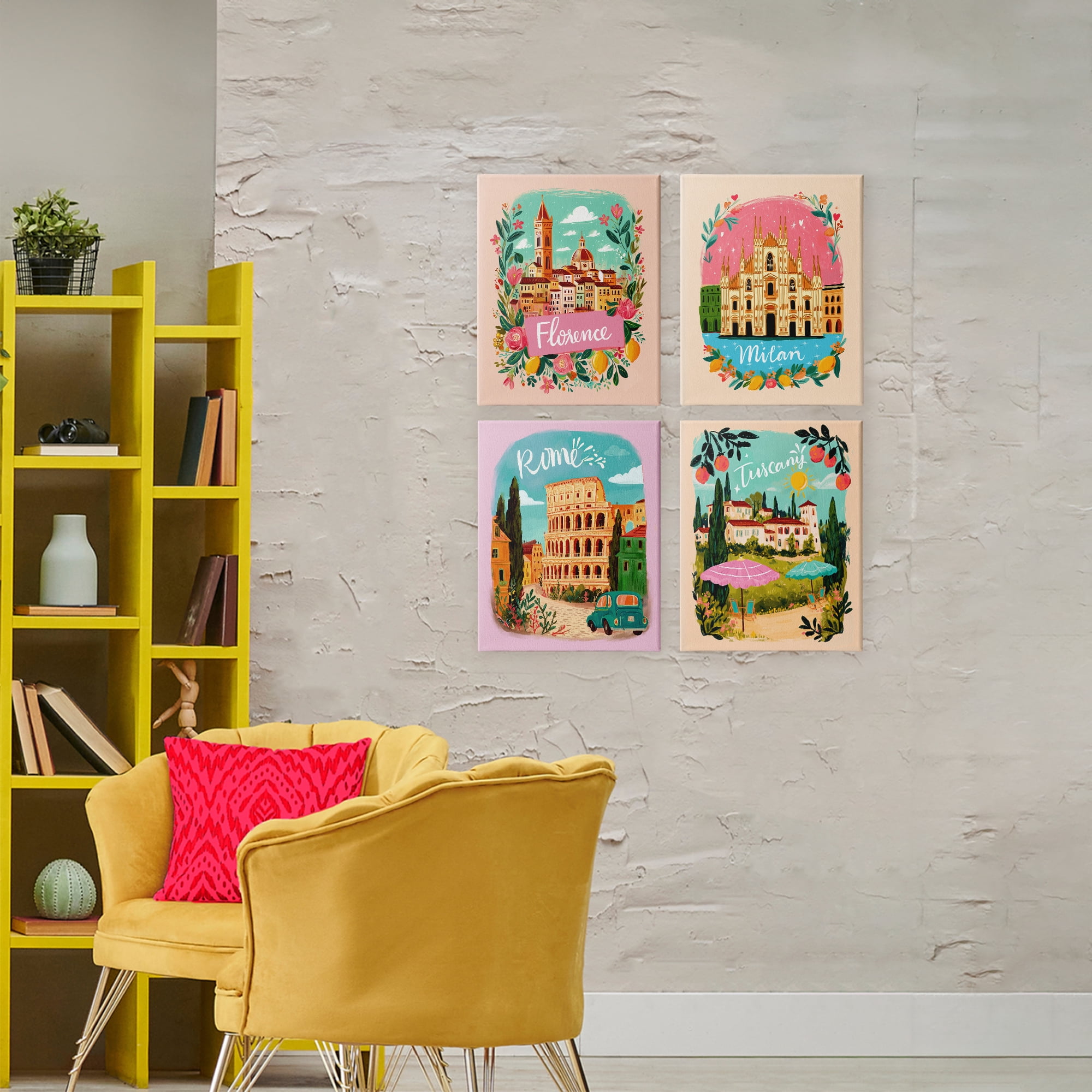 Italy Travel Locations with Florals 4 Piece Canvas Wall Art Set, design by Yen