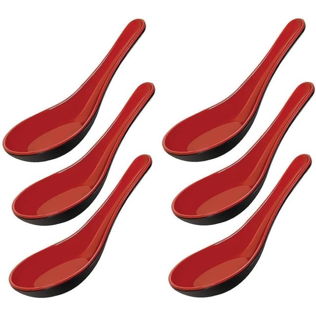 Cucharas de arroz, cucharas para sopa wonton chinas, rojas y negras asiáticas, paquete de 6, estilo sencillo