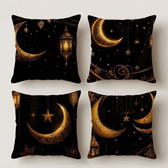 Lavish Cover 14x14 Inch Gold Moon Star Lantern Pillow Cover, Luxury Decorative Cushion Case for Sofa Bedroom, No Insert