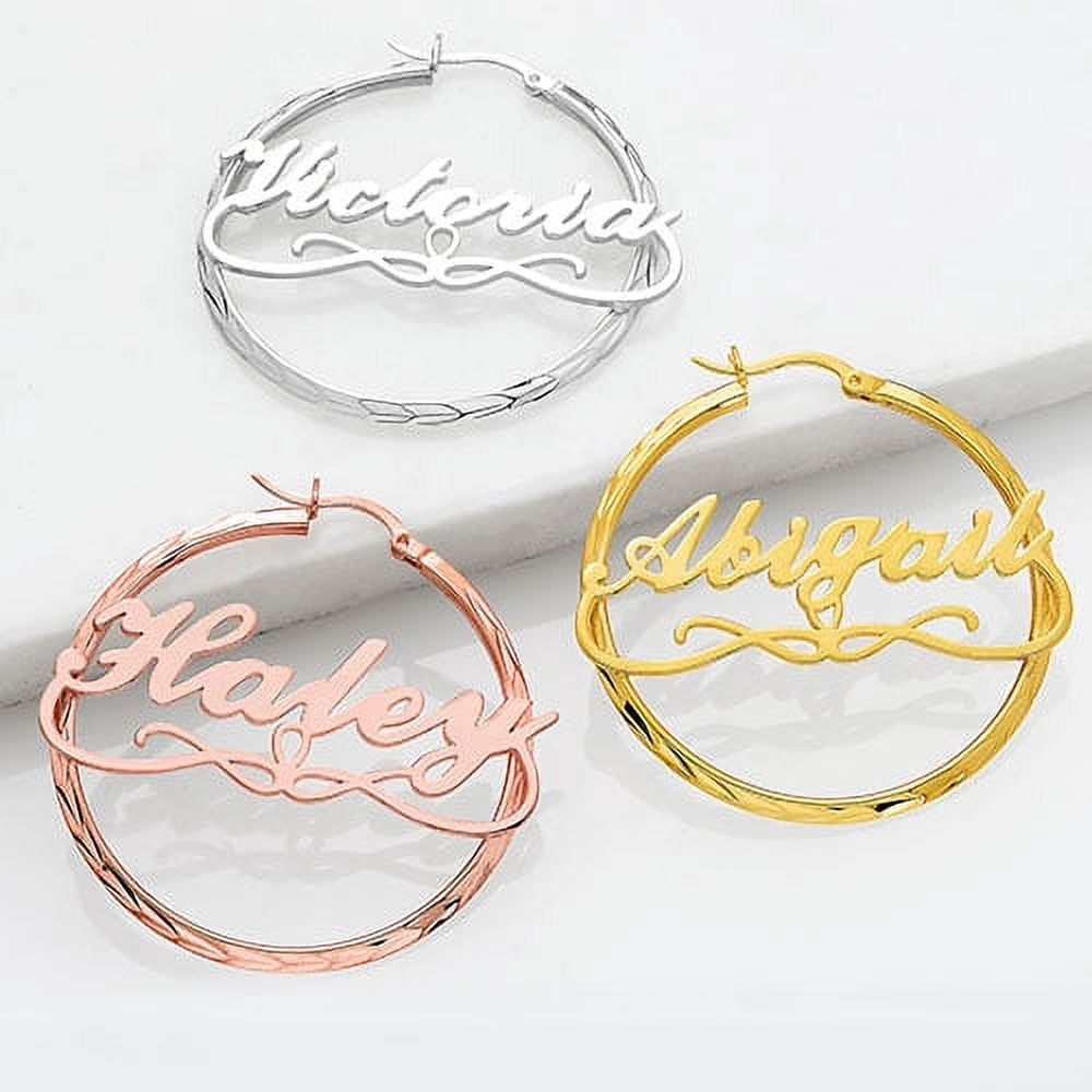 Personalized Planet Women's Sterling Silver Script Name Diamond Cut Large Hoop Earrings