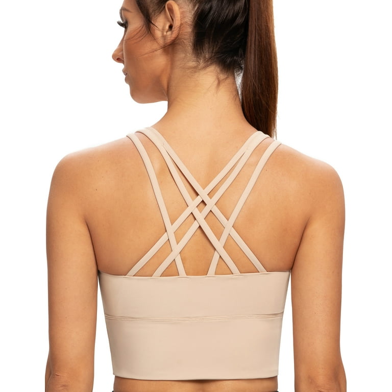AGONVIN Women's Strappy Longline Yoga Sports Bra Padded Wireless Crop Top  Cami Tank Top Pale Nude Small Plus 