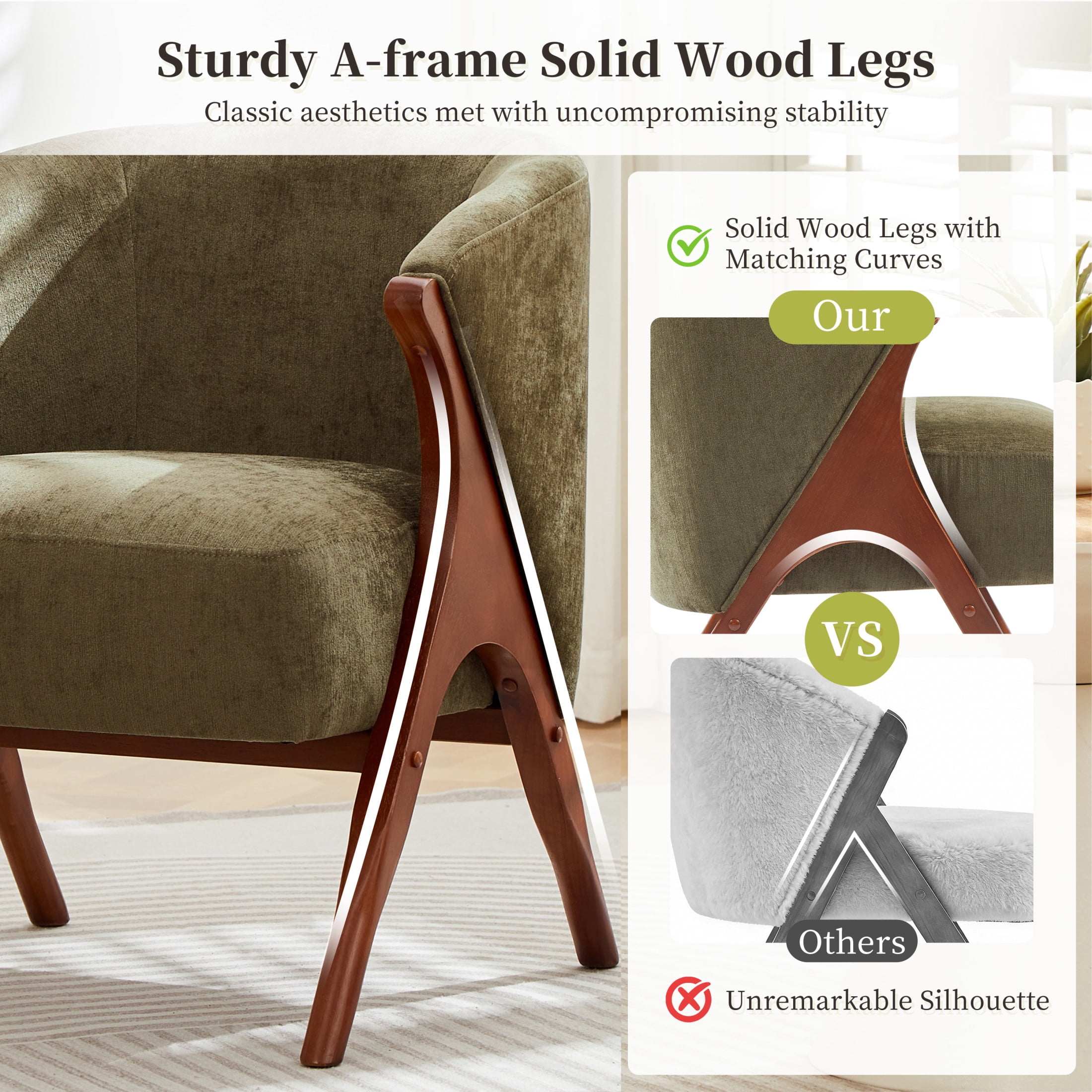 Noble House 27" Modern Accent Chair with Solid Wood Frame and Chenille Upholstered for Living Room, Walnut & Green