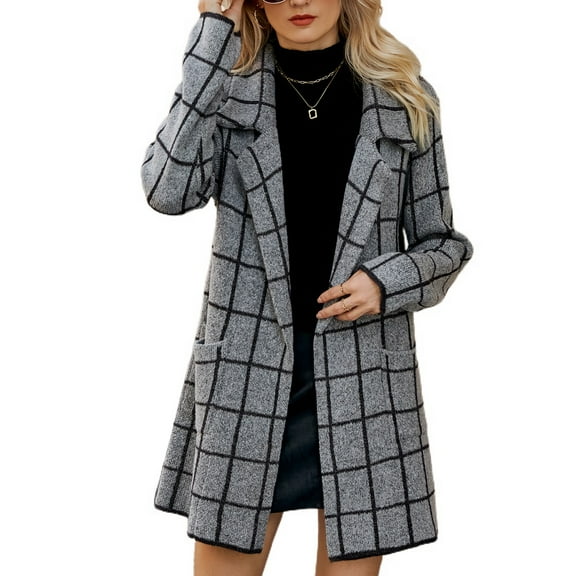 Defitshape Women's Open Front Cardigan Sweater Plaid/ Stripe/ Houndstooth Long Sleeve Coat Printed Style4 Medium