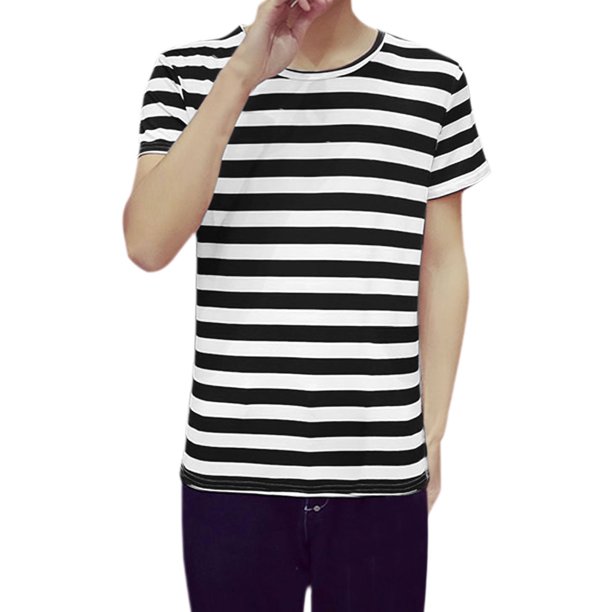 Camiseta De Rayas De Manga Corta Con Cuello Redondo Para Negro 44 Unique Bargains Camisa