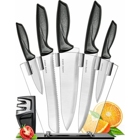 

Home Hero Chef Knife Set in Stainless Steel - Kitchen Knife Set with Knife Block Professional Knife Sharpener 7 Piece Set (Stainless Steel Blades)