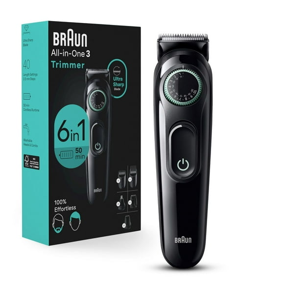 Kit tout-en-un Braun Series 3 3460, tondeuse pour hommes 6 en 1 avec tondeuse à barbe, pour le nez et les oreilles, tondeuse à cheveux et plus, lame ultra tranchante, 40 réglages de longueur, pile rec 1CT