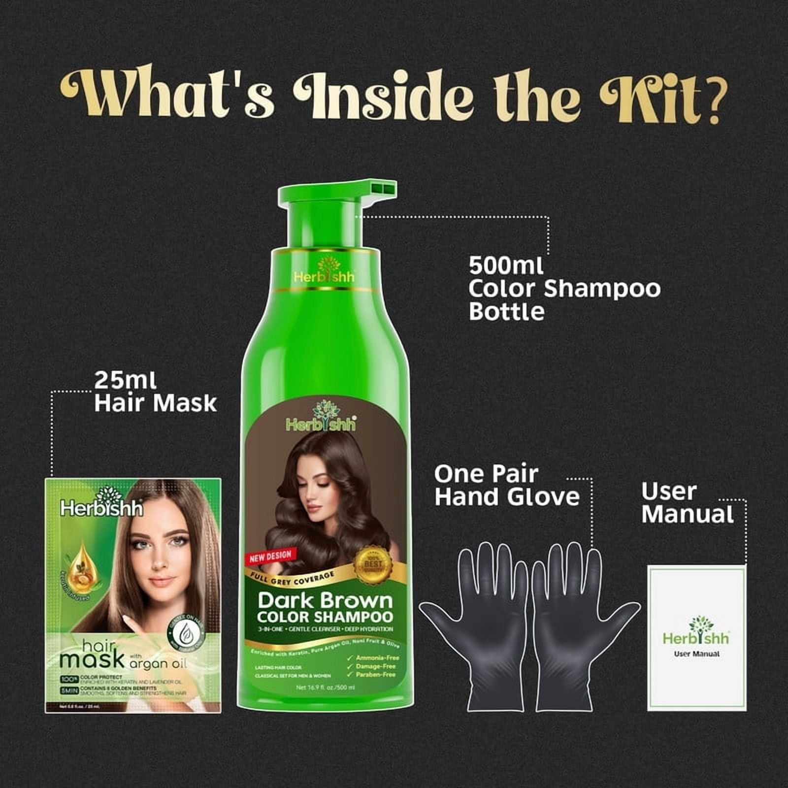 (5 pack) Herbishh Ultimate 3pcs Hair Color Shampoo Dye +1 Argan Hair Mask, Smooth and Long Lasting for Grey Hair Men & Women Easy & Quick to Use-Combo4 (Dark Brown)