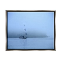 Stupell Industries Foggy Boat Sailing Landscape Photography Gray Floater Framed Canvas Art Print Wall Art, 31 x 25