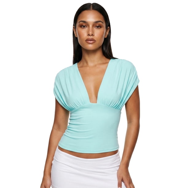Top corto liso de verano para mujer, sin mangas, con escote en V profundo, corte ajustado, ideal para fiestas y playa.