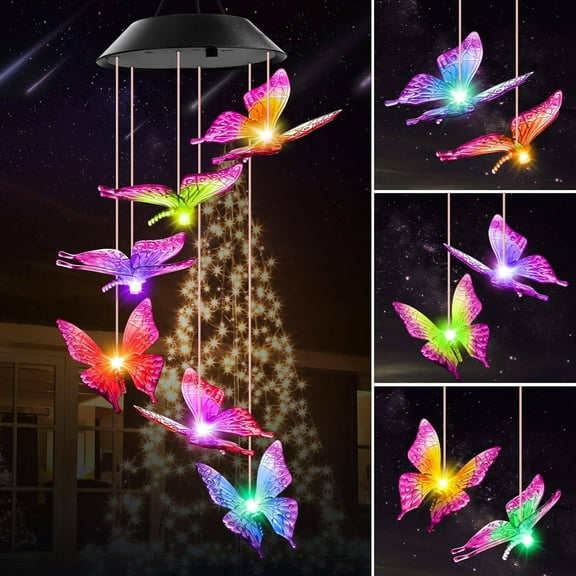 Butterfly Solar Wind Chimes for Outside Solar Lights Outdoor Decor Hanging Mobile for Garden Patio Yard Porch Christmas Decoraion Mothers Day Gift