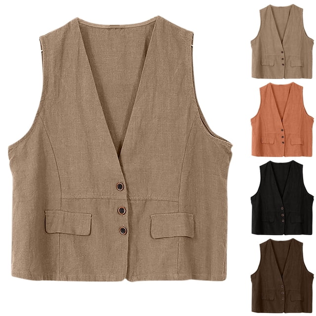 Économies d'Automne! Gilets d'Extérieur pour Femmes, Gilets Courts Mode Décontractée Légers, Gilets Sans Manches en Denim Coton Lin Tendance Cardigan Sans Manches en Denim