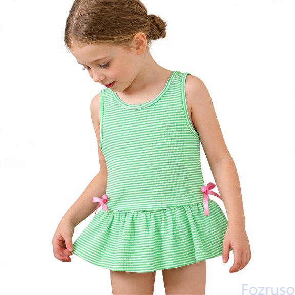 Fozruso Girls Swimsuit With Bow And Ruffle Skirt High Elasticity Striped Bathing For Baby Toddler One-Piece Swimwear Sizes 6-12 Months