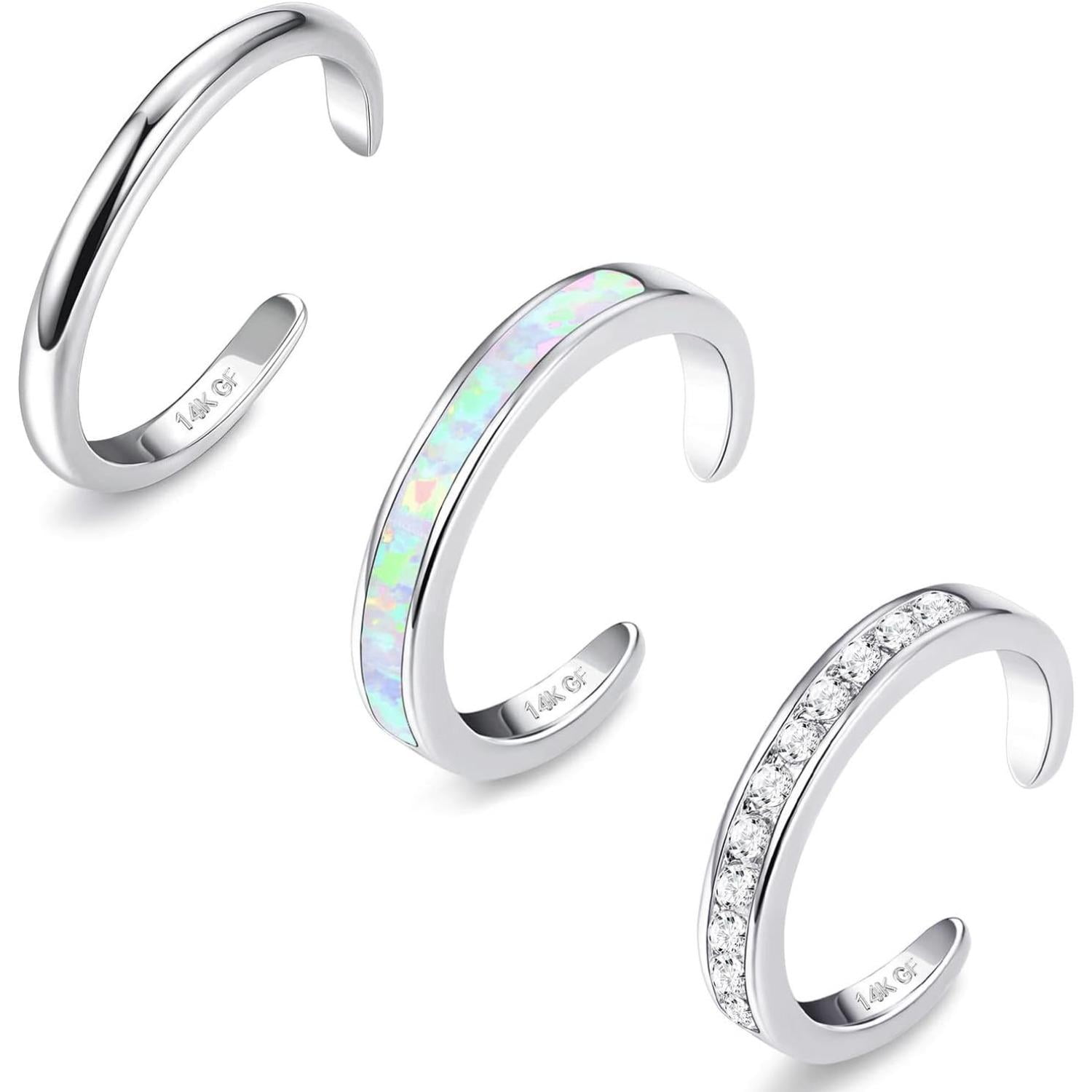 Jstyle 3PCS 14K Gold Filled Toe Rings for Women Adjustable Silver Gold Toe Ring Set Cute Opal CZ Daisy Flower Toe Rings Open Band Hawaiian Beach Summer Foot Jewelry for Women
