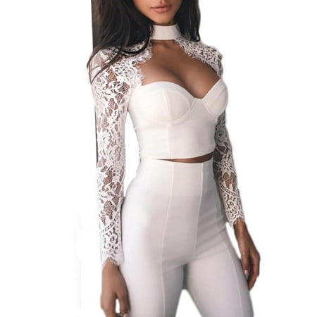 

Women Lace Long Sleeve Crop Tops Blouse Shirt Bustier Bralette