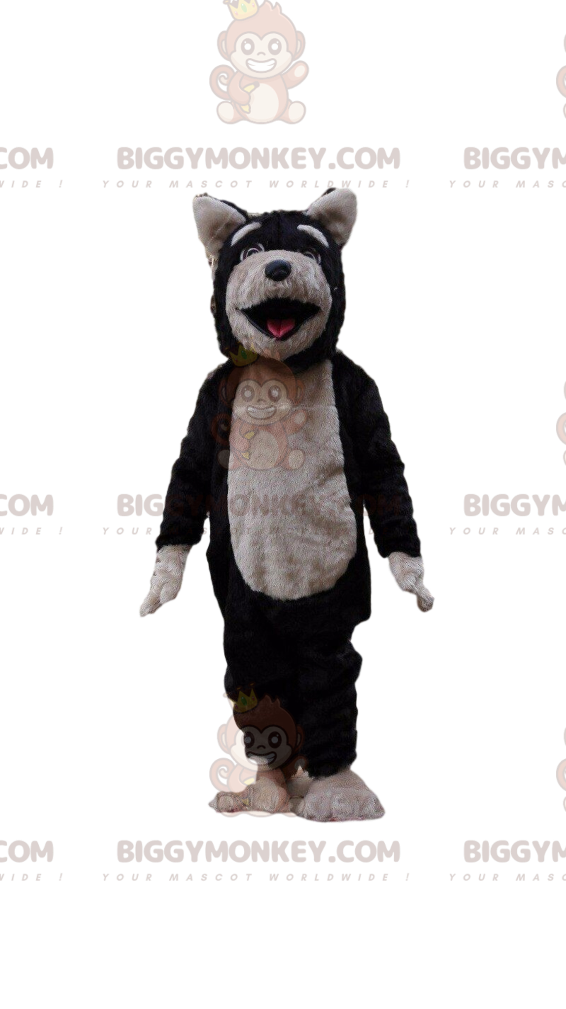 BIGGYMONKEY™ mascot costume of black and gray dog, wolf costume