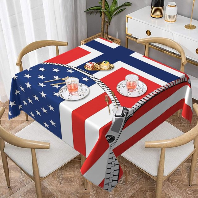 America Flag and Norwegians Flag Square Tablecloth Black, Stain & Wrinkle Resistant, Washable Polyester Table Cloth for Holiday, Buffet Parties, and Wedding