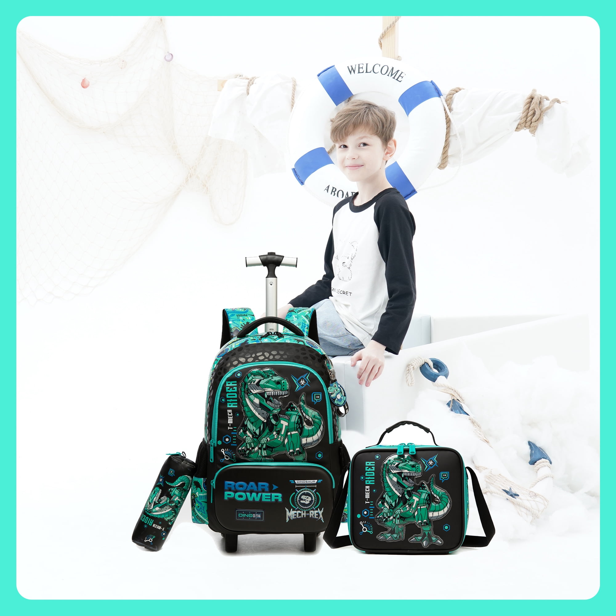 Dinosaur Rolling Kids Backpack for Boys Roller Backpacks 3-Piece School Bags with Lunch Box Pen Bag for Elementary Students Bookbag Ages 6-12