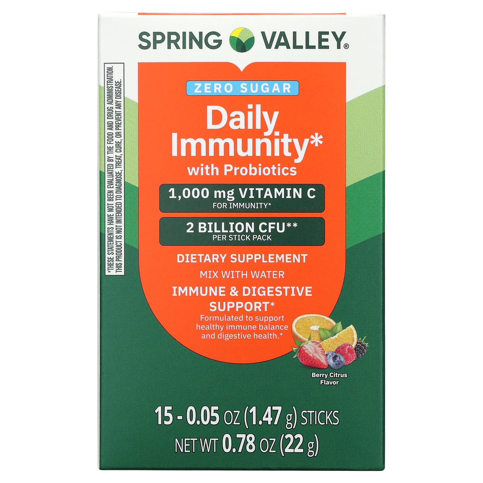 Spring Valley Zero Sugar Daily Immunity with Probiotics Dietary Supplement Powder for Immune and Digestive Support, 0.05 oz Sticks, 15 Count