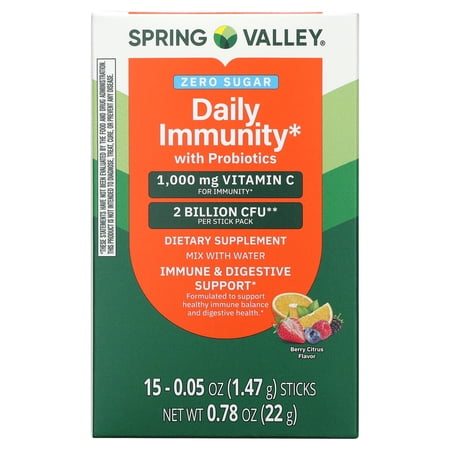 Spring Valley Zero Sugar Daily Immunity with Probiotics Dietary Supplement Powder for Immune and Digestive Support, 0.05 oz Sticks, 15 Count