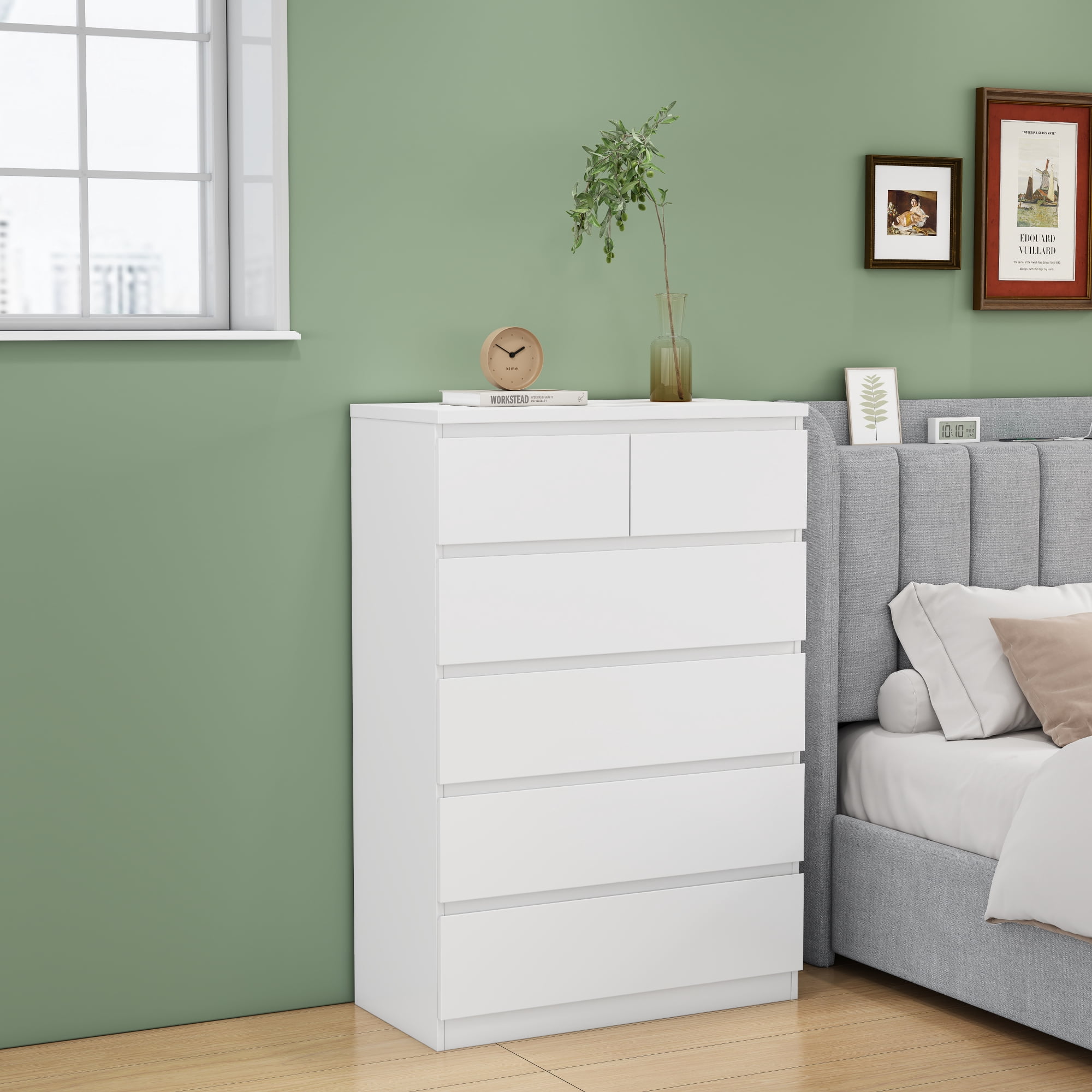 Leumius 6-Drawer Dresser for Bedroom,Modern Handle-Free Chest of Drawers with 2 Small & 4 Large Drawers,Minimalist Storage Cabinet for Living Room,Closet,White
