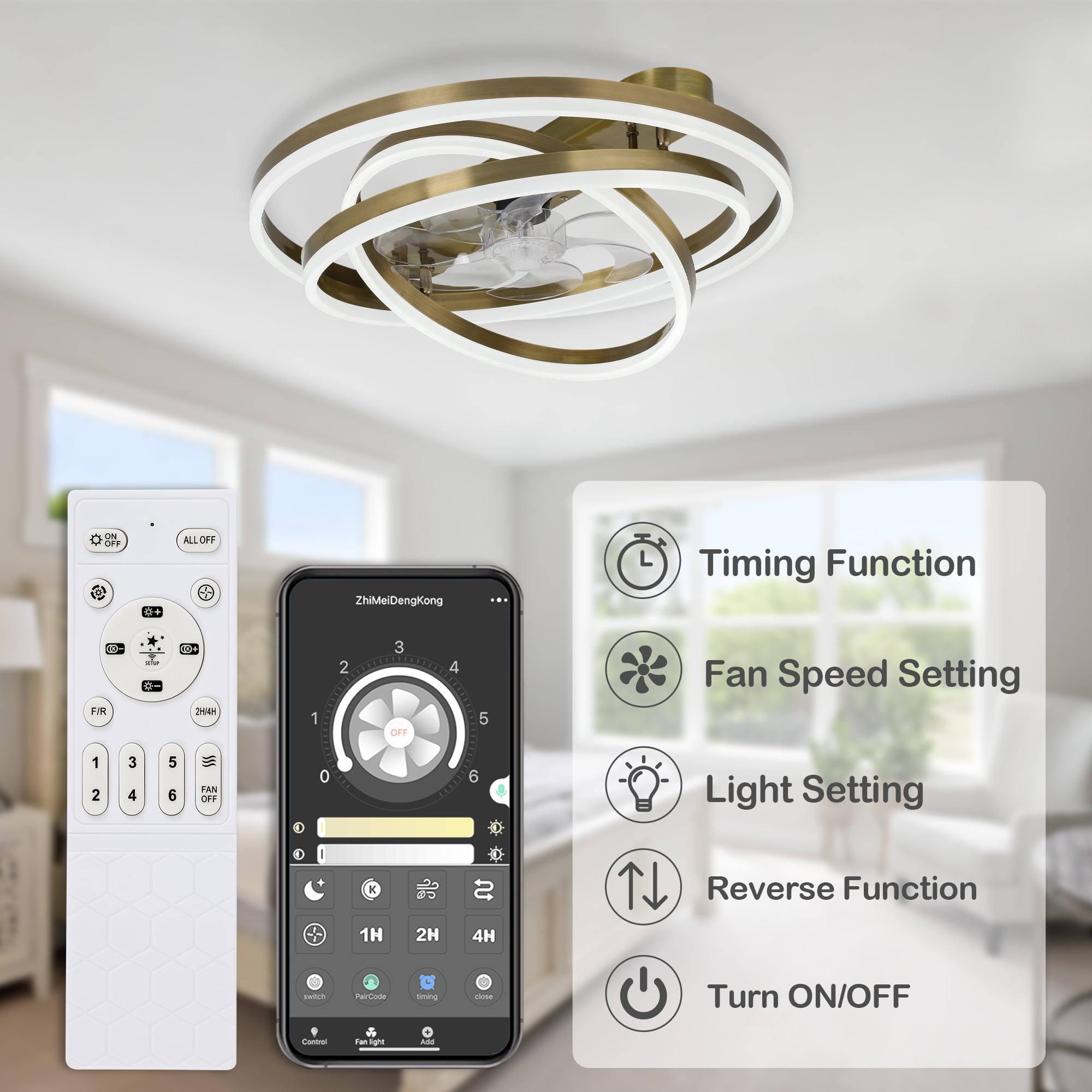 24" Bronze Modern Reversible Ceiling Fan with Dimmable LED Light, 6-Speed DIY Shape Shade with Remote and APP Control
