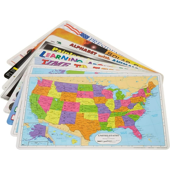 Painless Learning Educational Placemats for Kids USA and World Map, Time and Money, Alphabet, US Presidents, Solar System, Multiplication, 8 Pack