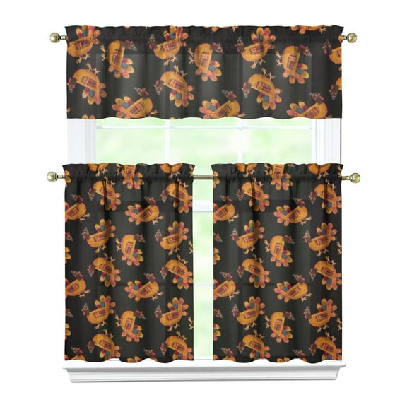 Fall Kitchen Curtains 36 Inch Short - 3 Panel Set, Autumn Harvest Print, Rod Pocket Window Treatment for Thanksgiving, Farmhouse, Cafe, Living Room - Machine Washable