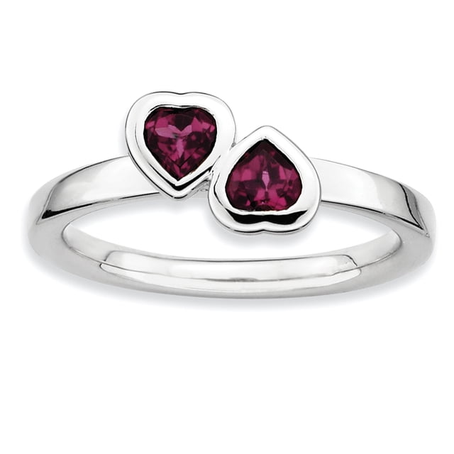 Bague Double Cœur en Argent Sterling Stackable Expressions Rhodolite Grenat Taille 10