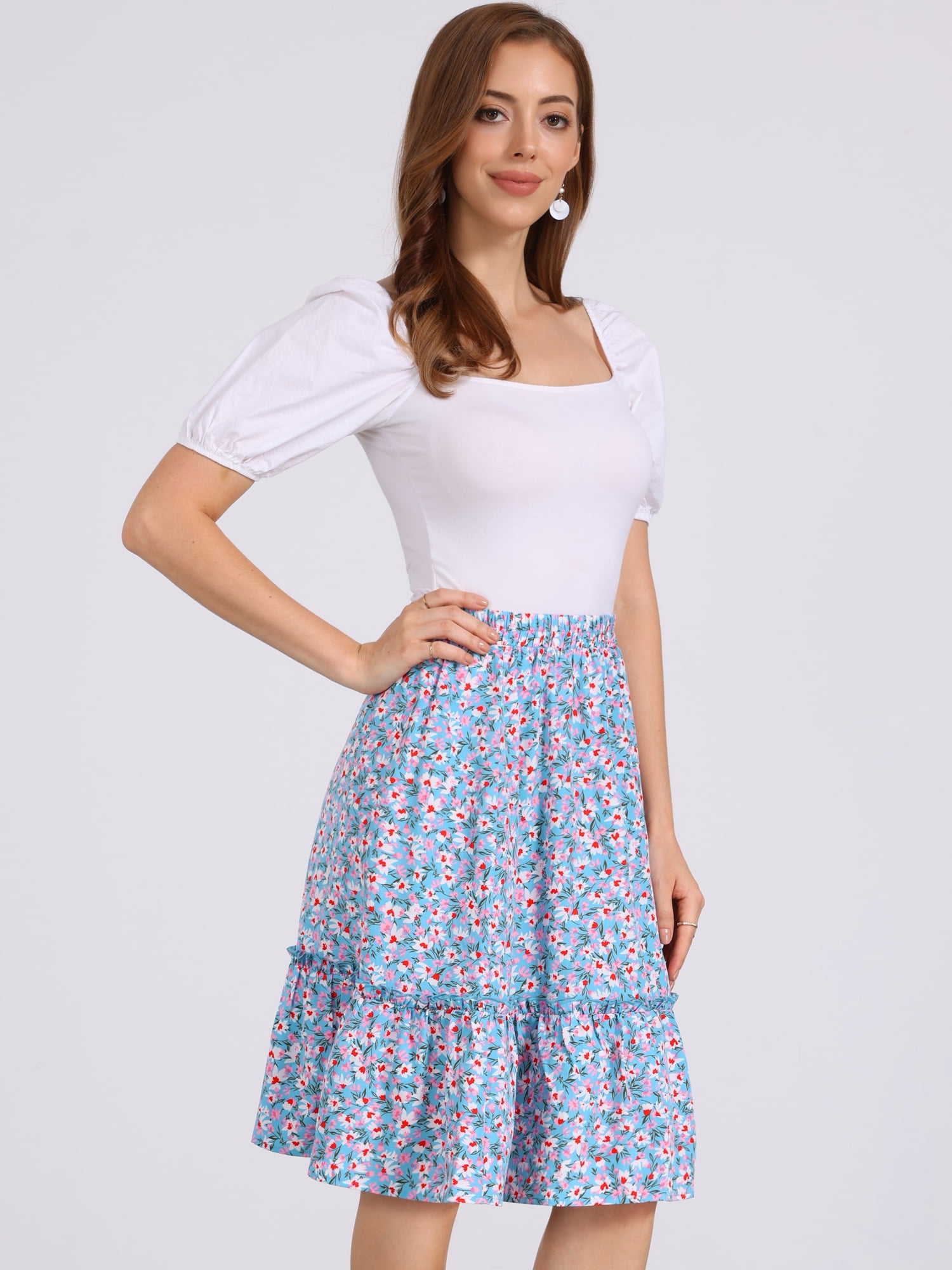 DARING DIVA Women's Knee Length Floral Elastic Waist Tiered Ruffle Skirt S Sky Blue