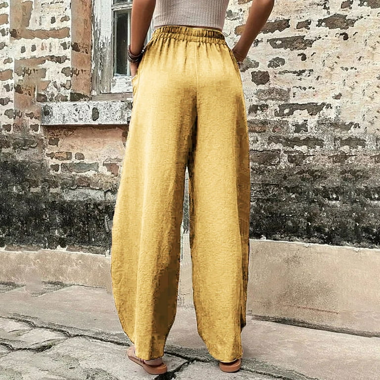 Womens Solid Color Casual Pants Trousers Elastic Waist Pockets Wide Leg  Trousers