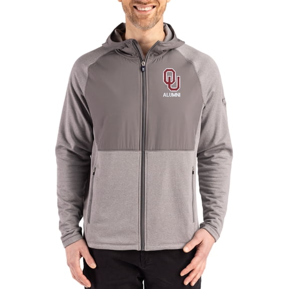 Men's Cutter & Buck Heather Gray Oklahoma Sooners Peshastin Eco Fleece Recycled Raglan Full-Zip Tri-Blend Hybrid Jacket