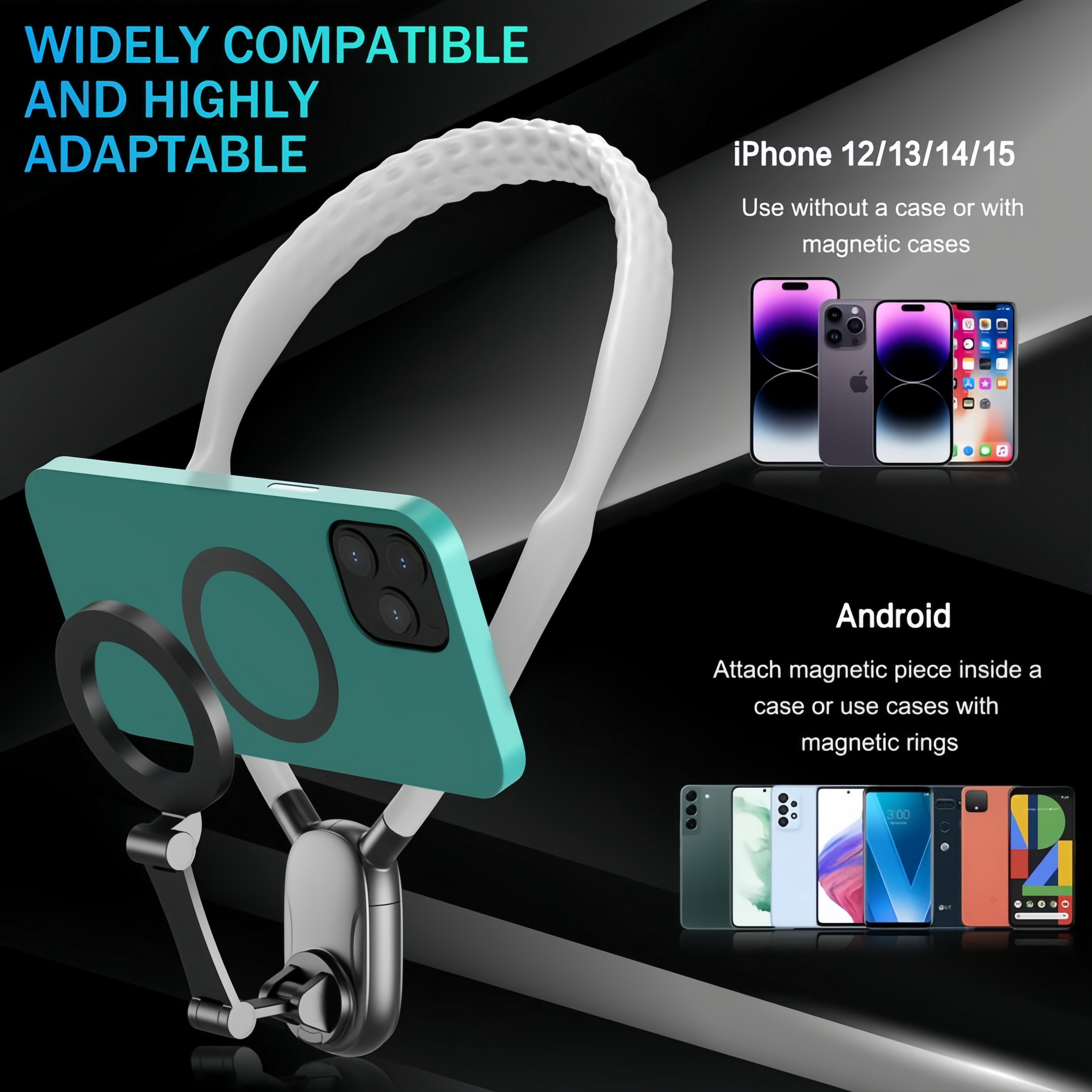Magnetic Phone Neck Mount Holder for POV Vlogging - Quick Release Hands-Free Video Lanyard for iPhone 15 14 13 12 & Android - Includes Anti-Shake Strap & Safety Rope (MagSafe Compatible Kit)