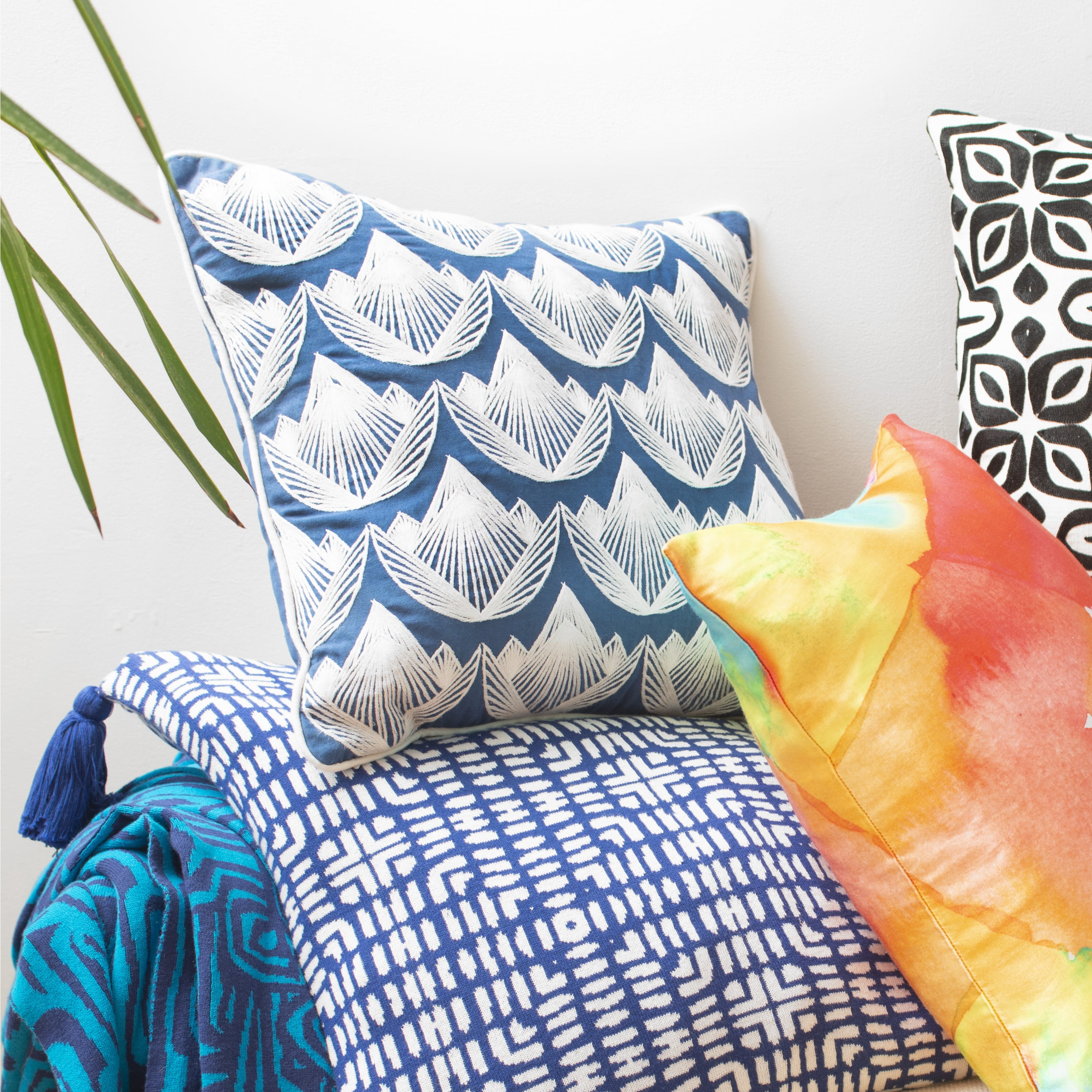 Rochelle Porter Lotus Decorative Square Pillow, Throw, White, Blue , Cotton , Polyfill, 20"x 20", 1 Count