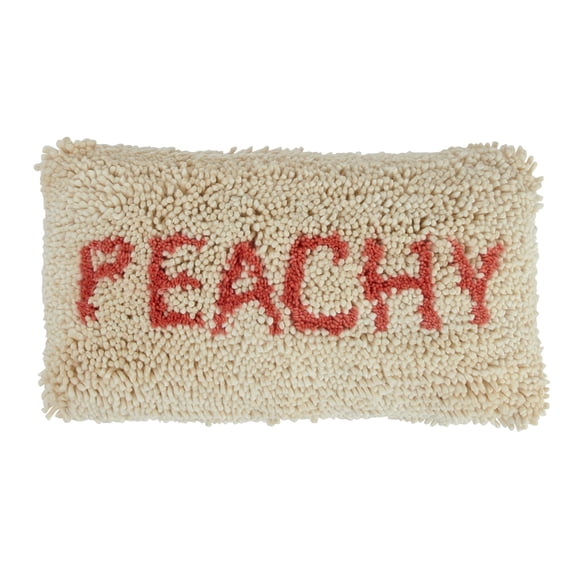 Creative Co-Op Tufted Wool and Cotton Lumbar Pillow with "Peachy" Message, Cream and Red