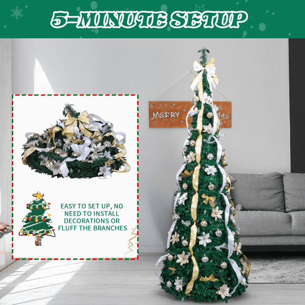 Alvantor 7 ft Fully Decorated Pre-Lit Pop-up Christmas Tree with 200 Warm White LEDs, Remote Control, Gold and Silver Ornaments