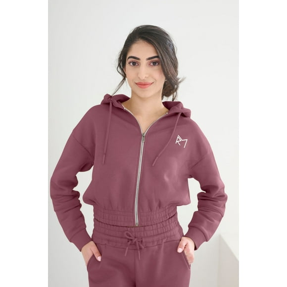 Revive Loungewear Cropped Full Zip Up Hoodie for Women - Long Sleeve Drawstring Jacket Top Sweatshirt - Mauve, Large