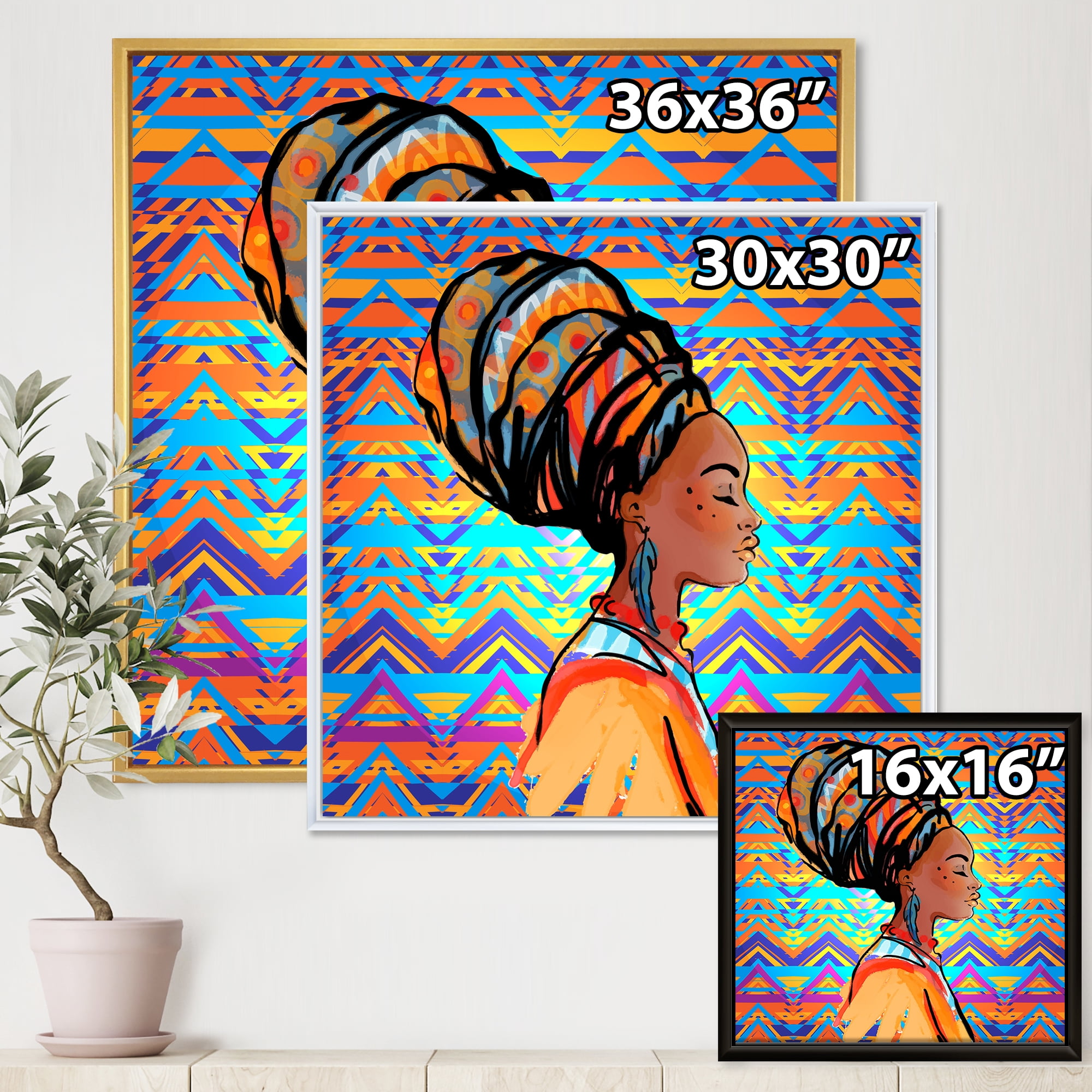 Designart 'African American Woman Portrait with Turban IV' Modern Framed Canvas Wall Art Print