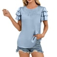 thumbnail image 1 of Layered Satin Peplum Blouse 2025 Spring Business Casual Shirt with Triple Ruffles, Wrinkle-Free Office Wear for Presentation Days, Pearl Button Accents, Blue Spring And Summer Satin Pleated Three, 1 of 9